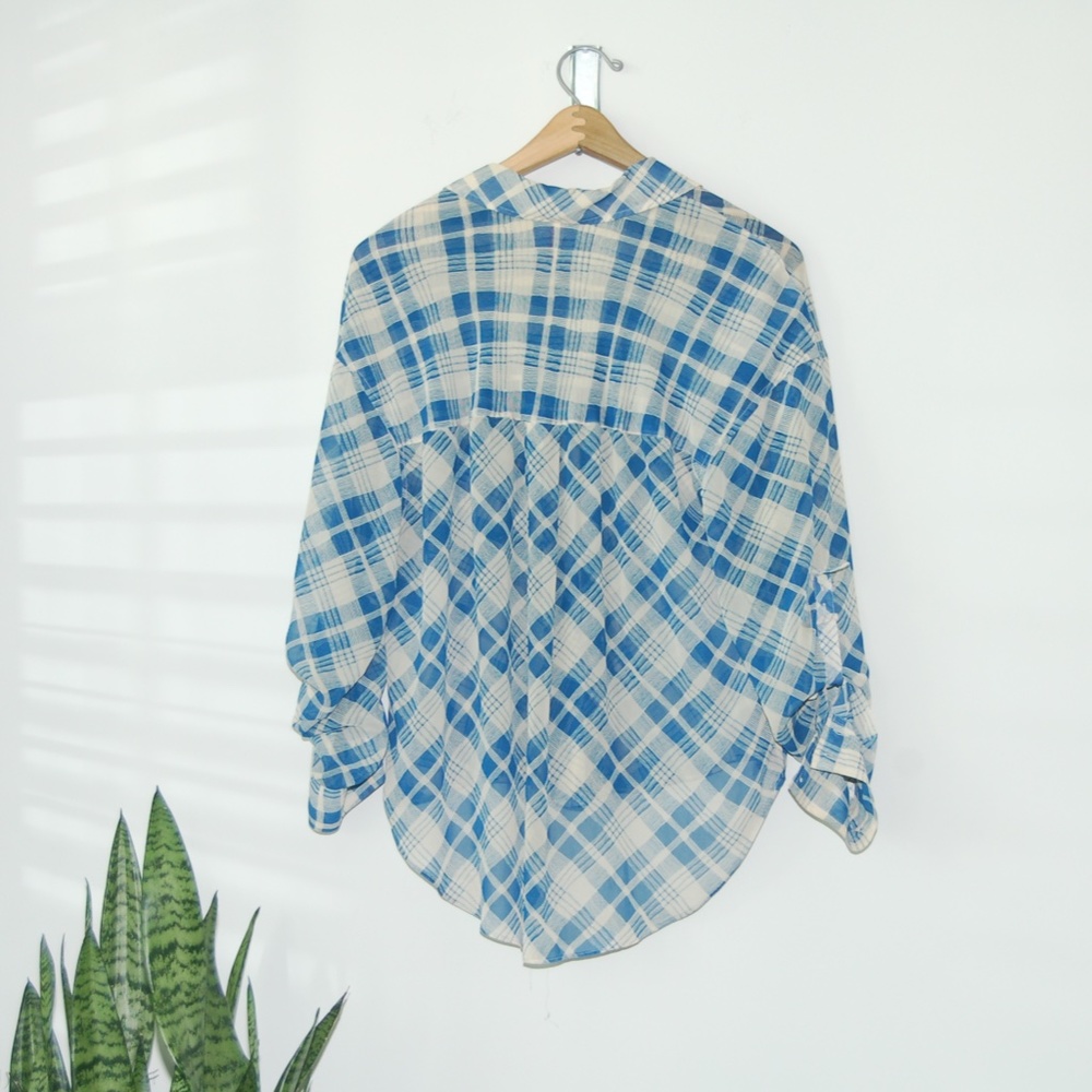 Free People Sheer Blue Plaid Long Sleeve High Low Blouse - Picture 4 of 6